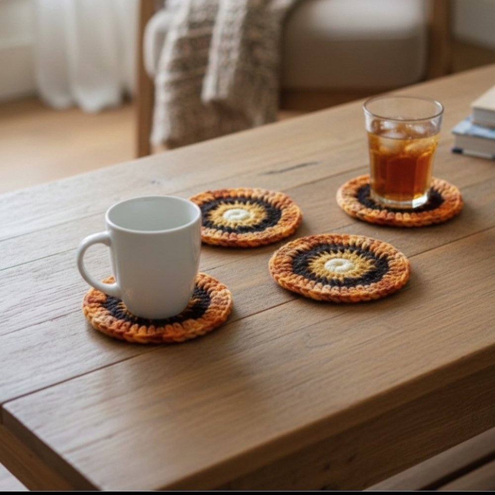 Hand Crafted Crochet Yellow Knitted Flower Accessory Drink Coaster Set 4pc Retro